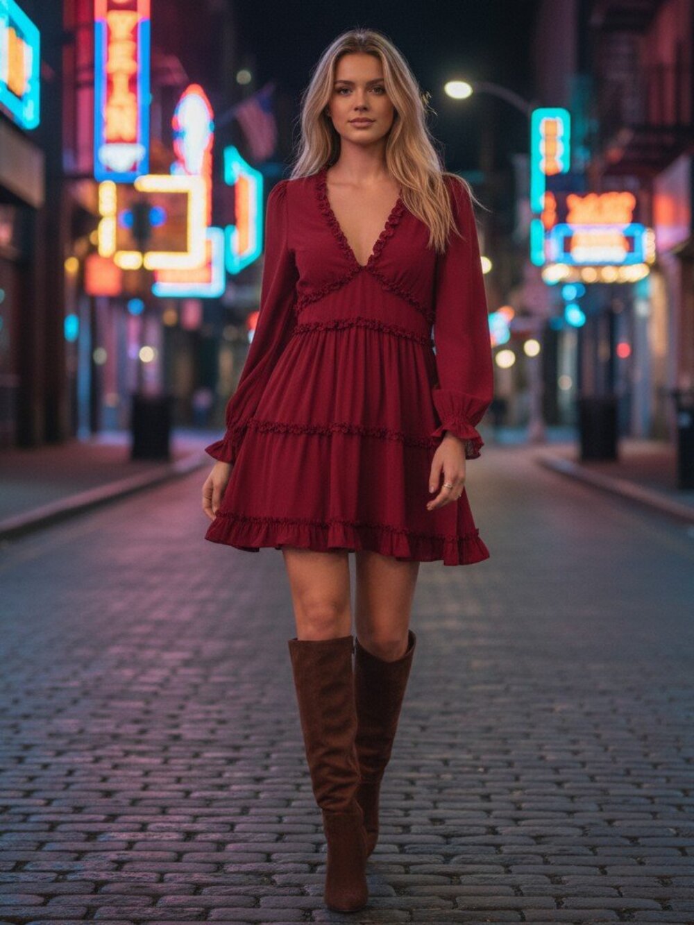 Free The Roses Burgundy Ruffle Mini Dress Size M NWT Long Sleeve V Neck - Picture 10 of 10